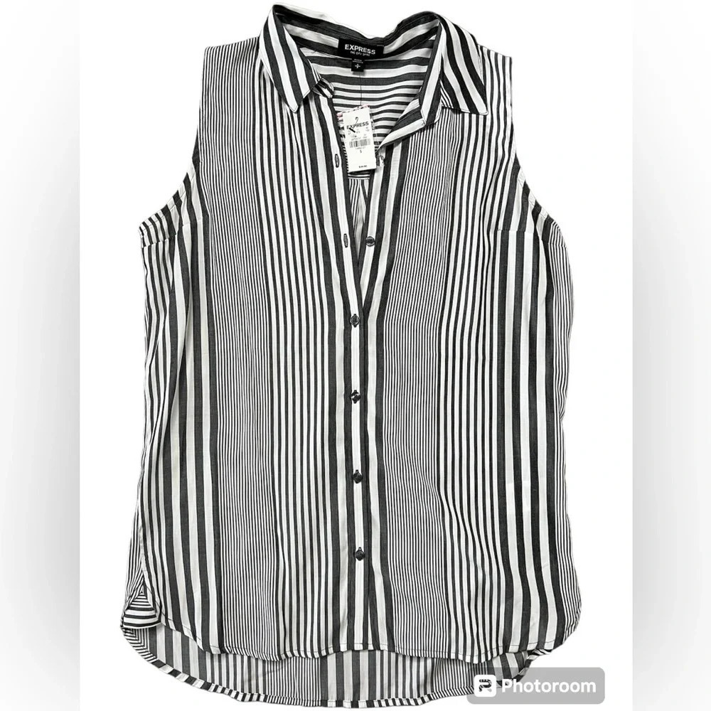 Express Size S Black White Stripe Sleeveless Button Down Blouse Collared Top New